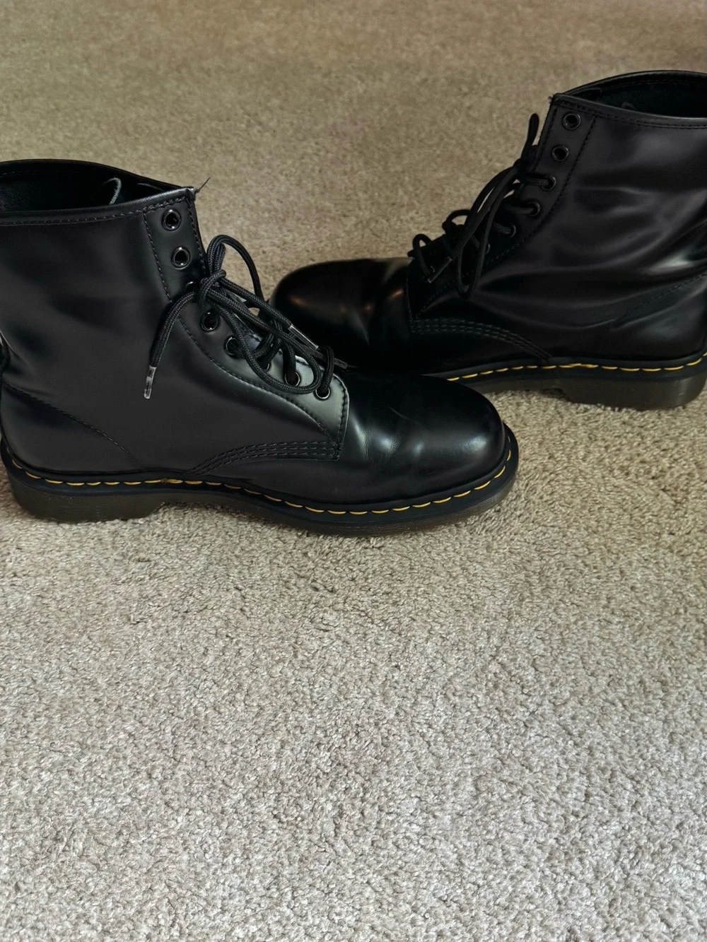 Black Leather Lace-Up Boots with Yellow Stitching - Picture 3 of 9